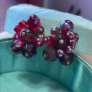 Hattie Carnegie Glass Bead Cluster Purple Pink AB Clip-on Earrings